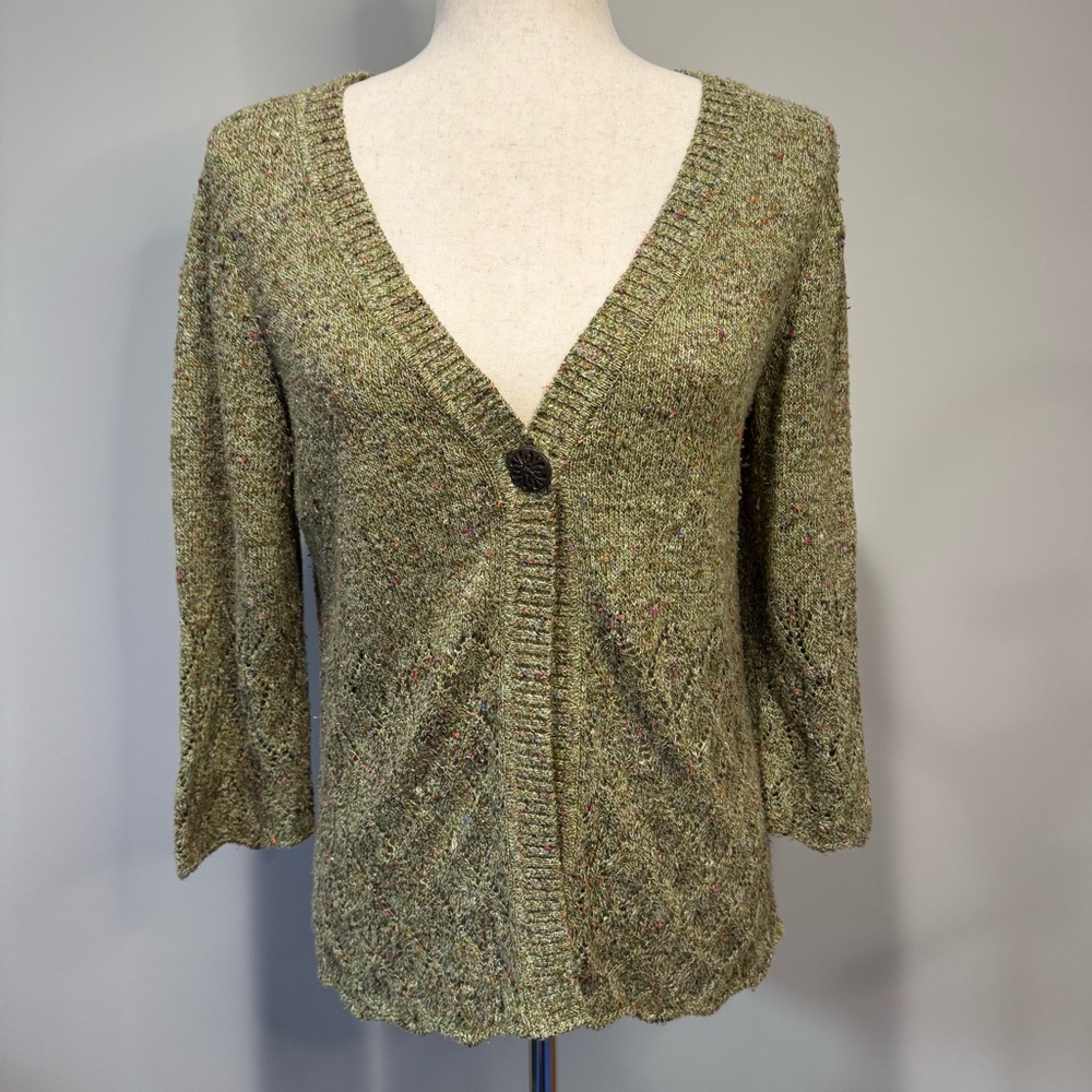 Christopher & Banks Olive Green Lightweight Knit Cardigan 3/4 Sleeve 1 Button PS